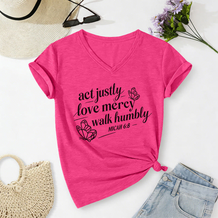 Christianartworkshop Agis avec justice, aime la miséricorde, marche humblement (Michée 6:8) T-shirt décontracté à col en V avec imprimé papillon - Rose - 2XL - image 24