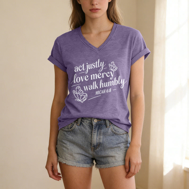 Christianartworkshop Agis avec justice, aime la miséricorde, marche humblement (Michée 6:8) T-shirt décontracté à col en V avec imprimé papillon - image 17