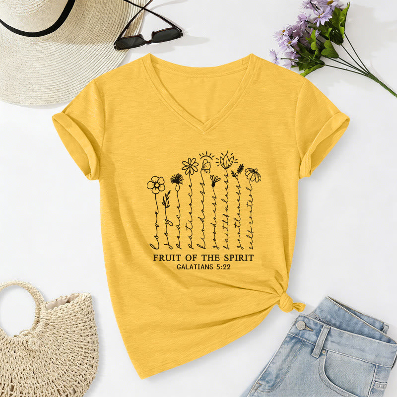 Christianartworkshop T-shirt décontracté à col en V avec imprimé floral « Fruit de l'Esprit » Galates 5:22 - Jaune - 2XL - image 0