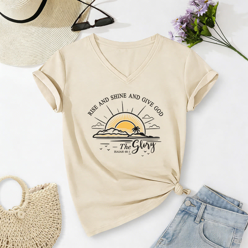 Christianartworkshop Lève-toi, brille et rends gloire à Dieu ! (Ésaïe 60:1) T-shirt décontracté à col en V avec imprimé lever de soleil - Beige - 2XL - image 0