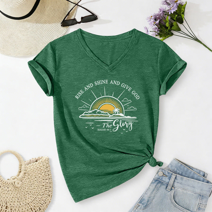 Christianartworkshop Lève-toi, brille et rends gloire à Dieu ! (Ésaïe 60:1) T-shirt décontracté à col en V avec imprimé lever de soleil - Vert foncé - 2XL - image 14