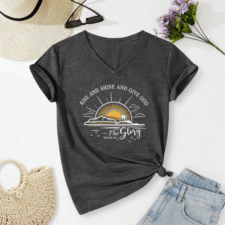 Christianartworkshop Lève-toi, brille et rends gloire à Dieu ! (Ésaïe 60:1) T-shirt décontracté à col en V avec imprimé lever de soleil - Gris foncé - 2XL - image 20