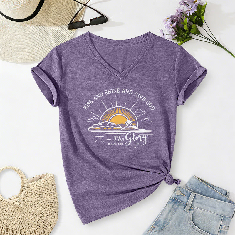 Christianartworkshop Lève-toi, brille et rends gloire à Dieu ! (Ésaïe 60:1) T-shirt décontracté à col en V avec imprimé lever de soleil - Violet - 2XL - image 16