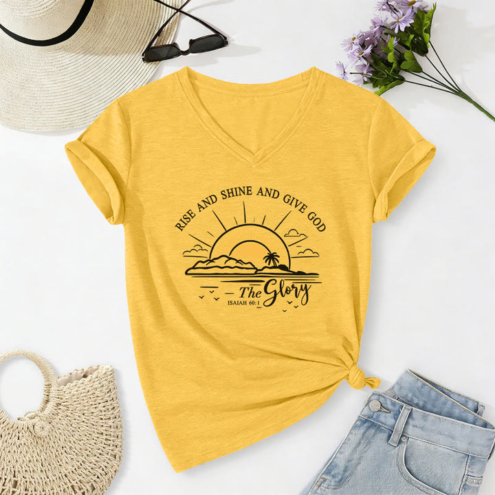 Christianartworkshop Lève-toi, brille et rends gloire à Dieu ! (Ésaïe 60:1) T-shirt décontracté à col en V avec imprimé lever de soleil - Jaune - 2XL - image 2