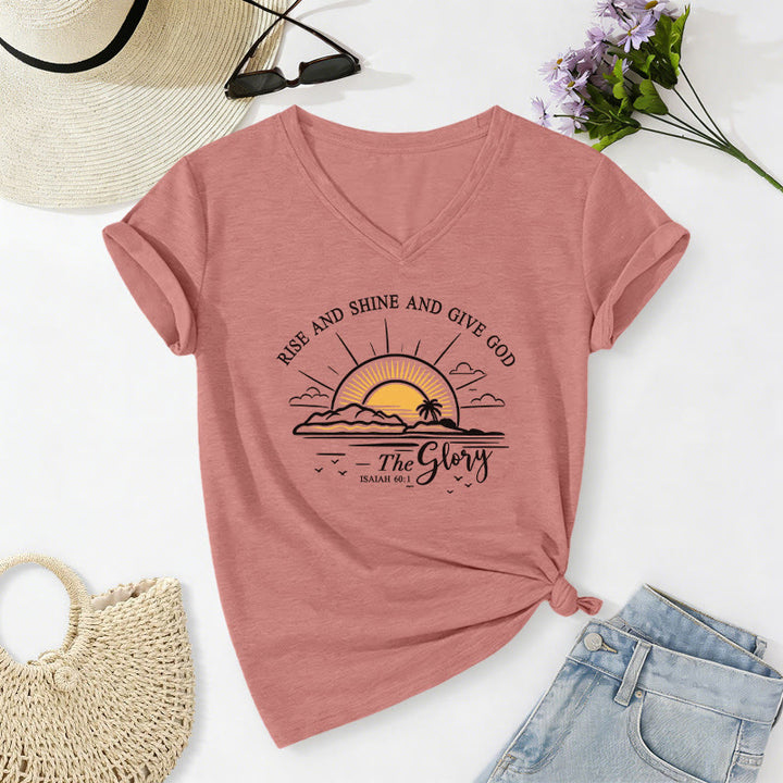 Christianartworkshop Lève-toi, brille et rends gloire à Dieu ! (Ésaïe 60:1) T-shirt décontracté à col en V avec imprimé lever de soleil - Rose clair - 2XL - image 10