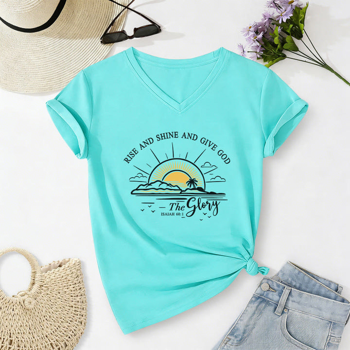 Christianartworkshop Lève-toi, brille et rends gloire à Dieu ! (Ésaïe 60:1) T-shirt décontracté à col en V avec imprimé lever de soleil - Bleu ciel - 2XL - image 8
