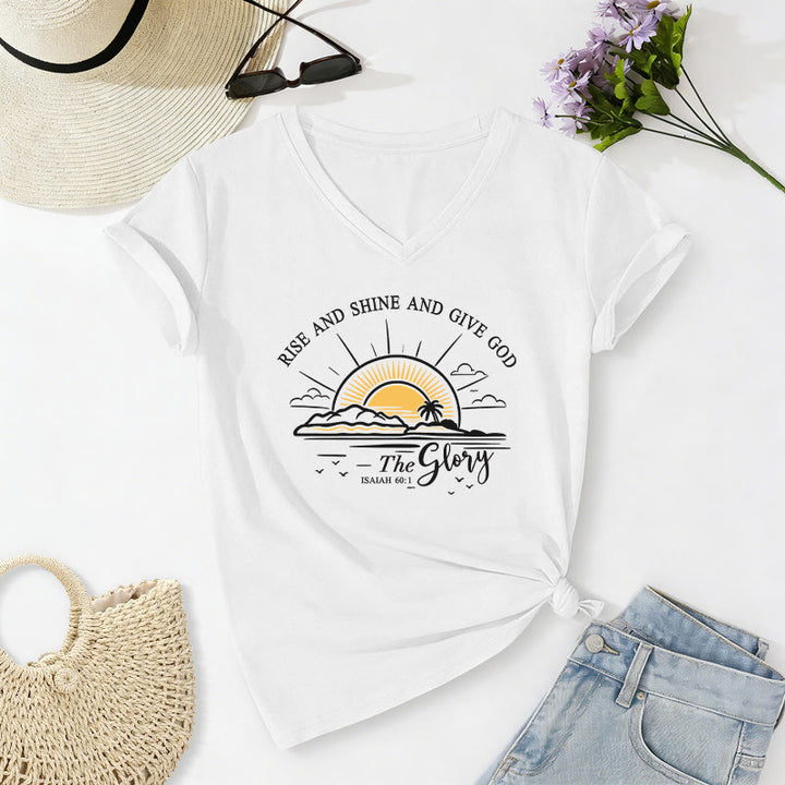 Christianartworkshop Lève-toi, brille et rends gloire à Dieu ! (Ésaïe 60:1) T-shirt décontracté à col en V avec imprimé lever de soleil - Blanc - 2XL - image 6