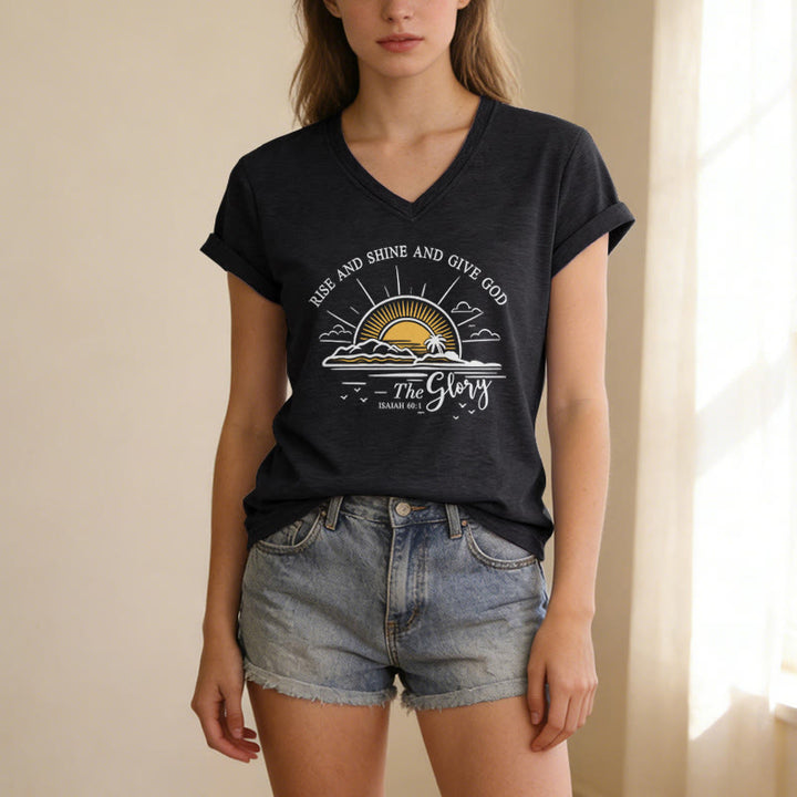 Christianartworkshop Lève-toi, brille et rends gloire à Dieu ! (Ésaïe 60:1) T-shirt décontracté à col en V avec imprimé lever de soleil - image 13