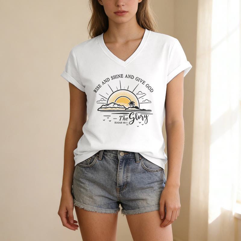 Christianartworkshop Lève-toi, brille et rends gloire à Dieu ! (Ésaïe 60:1) T-shirt décontracté à col en V avec imprimé lever de soleil - image 7