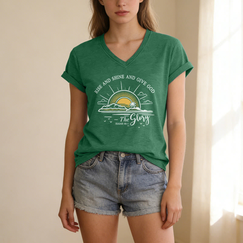 Christianartworkshop Lève-toi, brille et rends gloire à Dieu ! (Ésaïe 60:1) T-shirt décontracté à col en V avec imprimé lever de soleil - image 15
