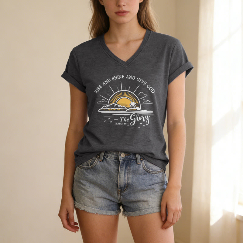 Christianartworkshop Lève-toi, brille et rends gloire à Dieu ! (Ésaïe 60:1) T-shirt décontracté à col en V avec imprimé lever de soleil - image 21
