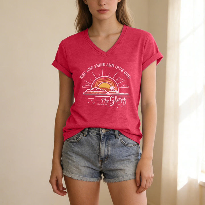 Christianartworkshop Lève-toi, brille et rends gloire à Dieu ! (Ésaïe 60:1) T-shirt décontracté à col en V avec imprimé lever de soleil - Rouge - 2XL - image 22