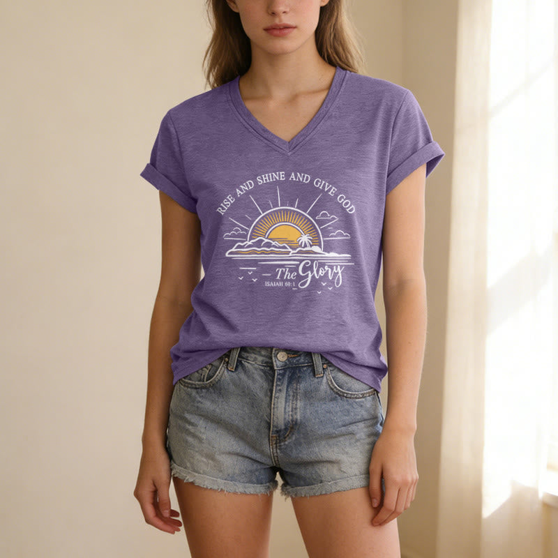 Christianartworkshop Lève-toi, brille et rends gloire à Dieu ! (Ésaïe 60:1) T-shirt décontracté à col en V avec imprimé lever de soleil - image 17