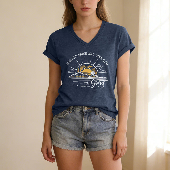 Christianartworkshop Lève-toi, brille et rends gloire à Dieu ! (Ésaïe 60:1) T-shirt décontracté à col en V avec imprimé lever de soleil - image 19