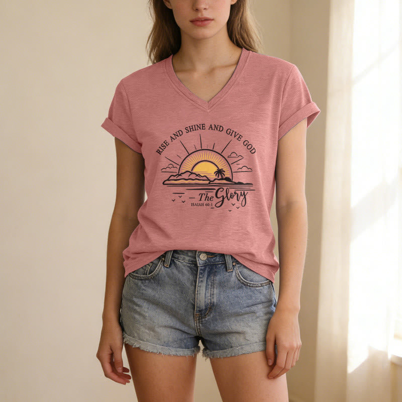 Christianartworkshop Lève-toi, brille et rends gloire à Dieu ! (Ésaïe 60:1) T-shirt décontracté à col en V avec imprimé lever de soleil - image 11