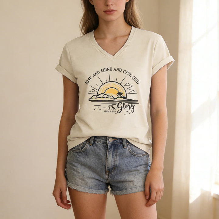 Christianartworkshop Lève-toi, brille et rends gloire à Dieu ! (Ésaïe 60:1) T-shirt décontracté à col en V avec imprimé lever de soleil - image 1