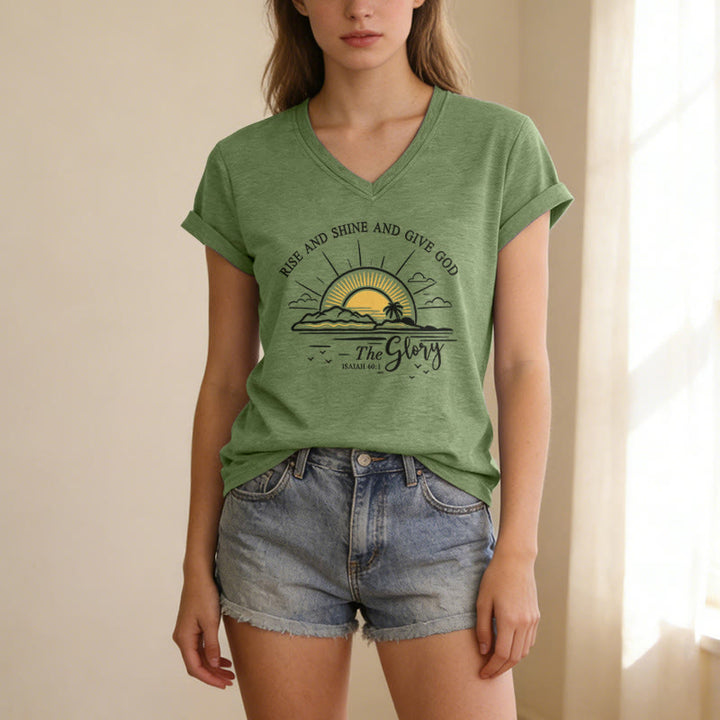 Christianartworkshop Lève-toi, brille et rends gloire à Dieu ! (Ésaïe 60:1) T-shirt décontracté à col en V avec imprimé lever de soleil - image 5
