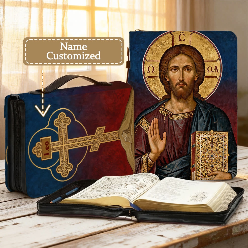 Christianartworkshop Couverture de Bible de dévotion ornée d'une icône de Jésus-Christ et d'une croix. - 2XL - Nom personnalisé - image 0