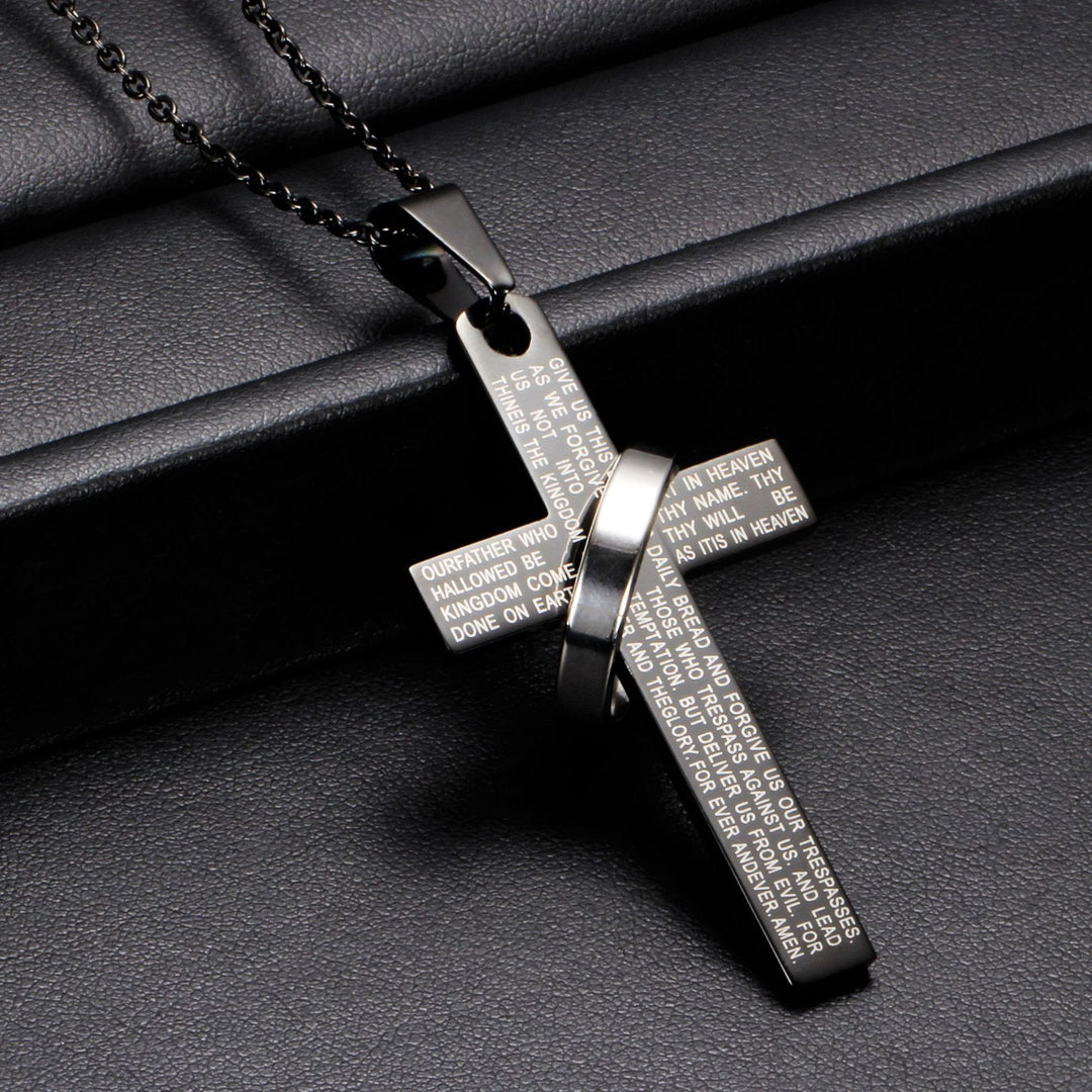 Christianartworkshop Collier pendentif croix gravée du Notre Père avec anneau tournant - Noir - image 0