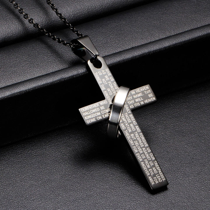 Christianartworkshop Collier pendentif croix gravée du Notre Père avec anneau tournant - Noir - image 0
