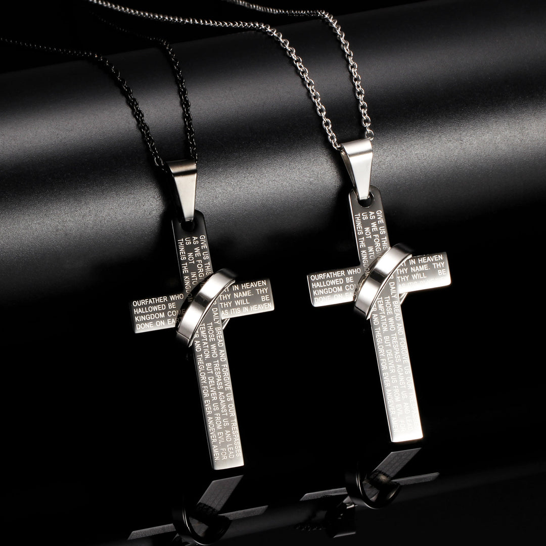 Christianartworkshop Collier pendentif croix gravée du Notre Père avec anneau tournant - image 1