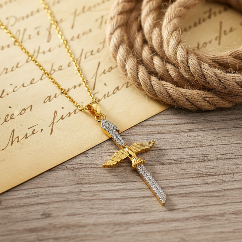 Christianartworkshop Collier croix épée en zircon étincelant avec ailes de colombe : un symbole de protection divine - image 4