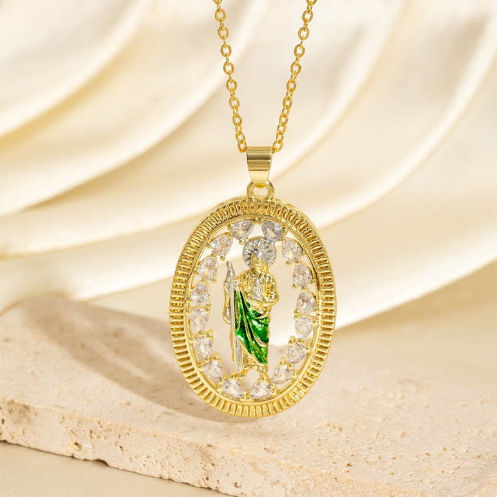 Collier pendentif Saint Jude en émail avec halo de zircon, créé par Christianartworkshop : un symbole d’espoir et de protection divine. - Saint Jude - image 0