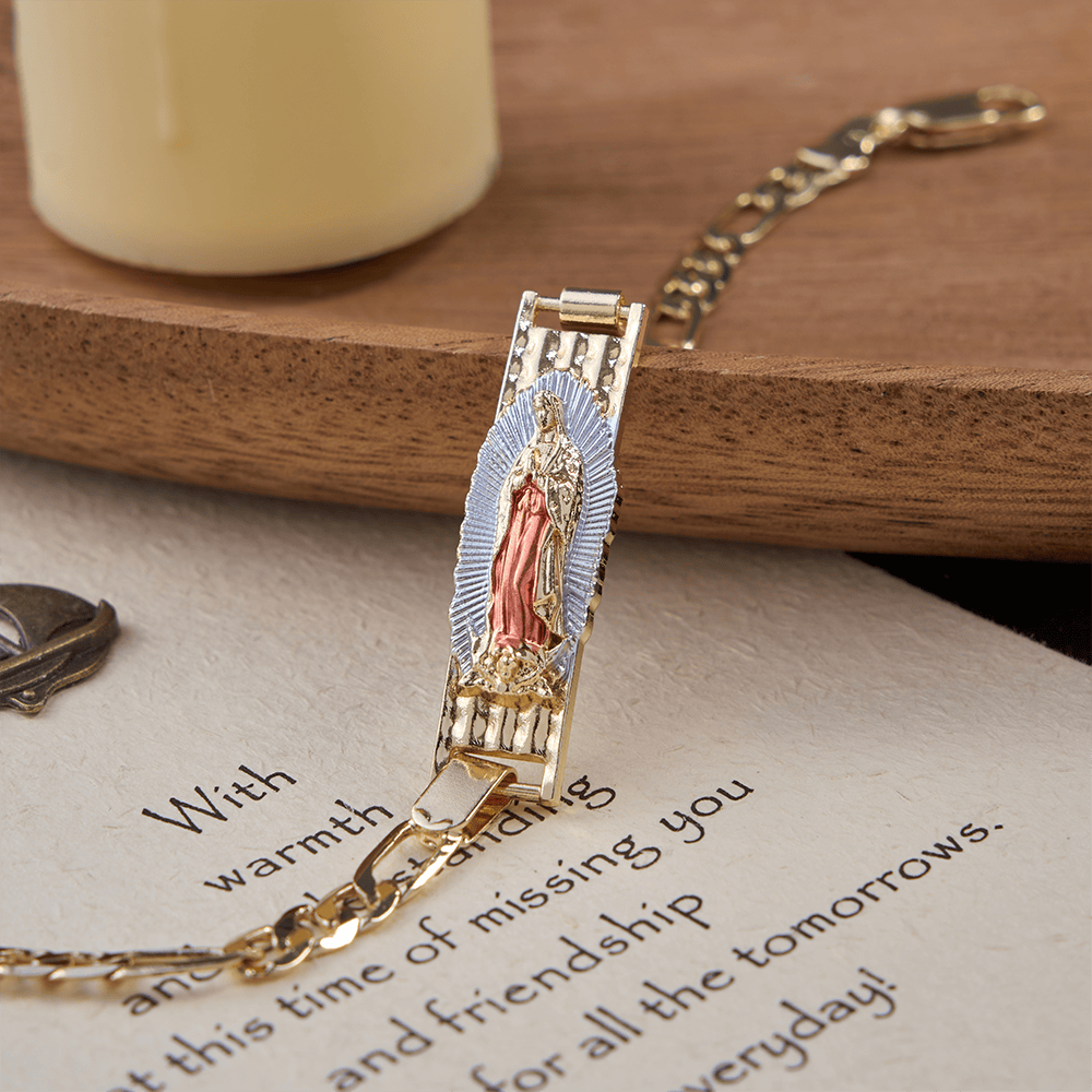 Christianartworkshop Bracelet de dévotion Notre-Dame à chaîne Figaro, symbole de la grâce divine - Teinte or rose et Notre-Dame - 21 cm - image 7