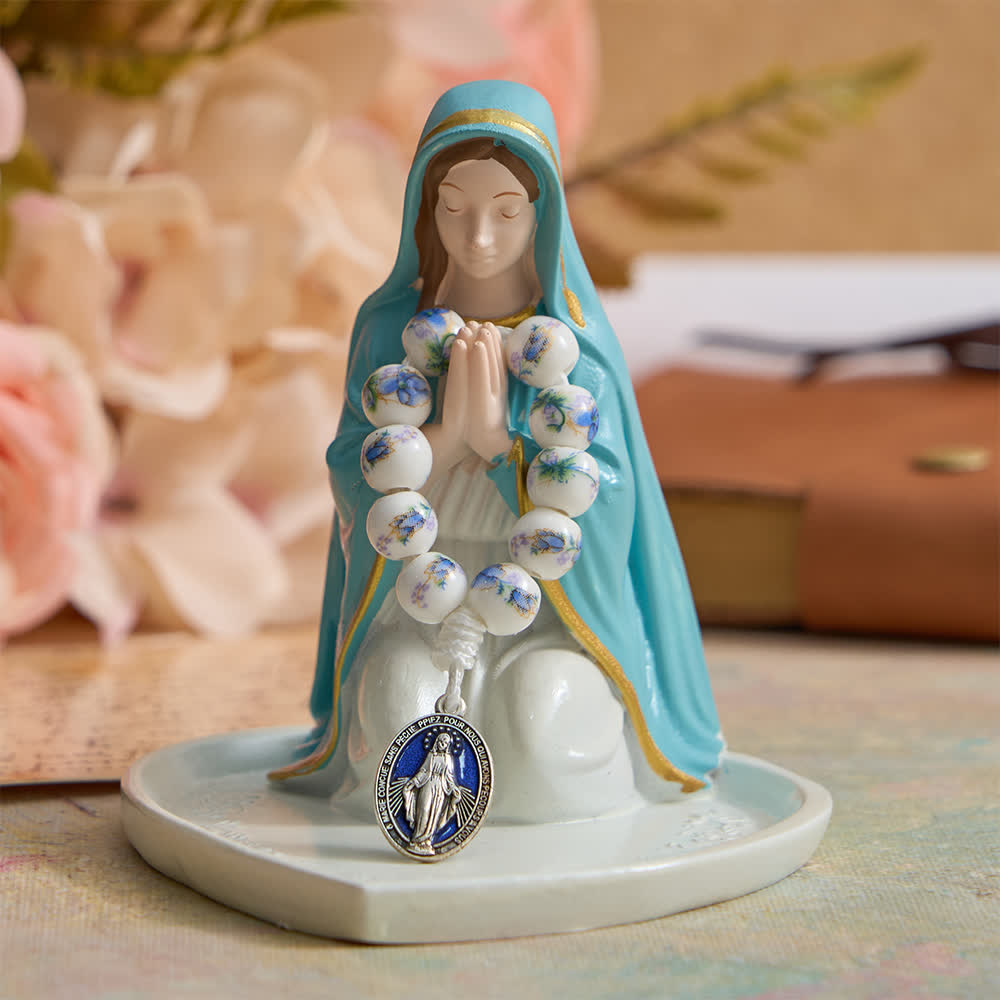 Christianartworkshop Chapelet de doigt en céramique à motif floral bleu avec dévotion à Notre-Dame - image 3