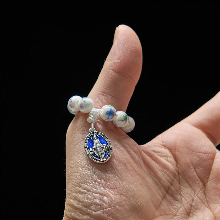 Christianartworkshop Chapelet de doigt en céramique à motif floral bleu avec dévotion à Notre-Dame - image 2