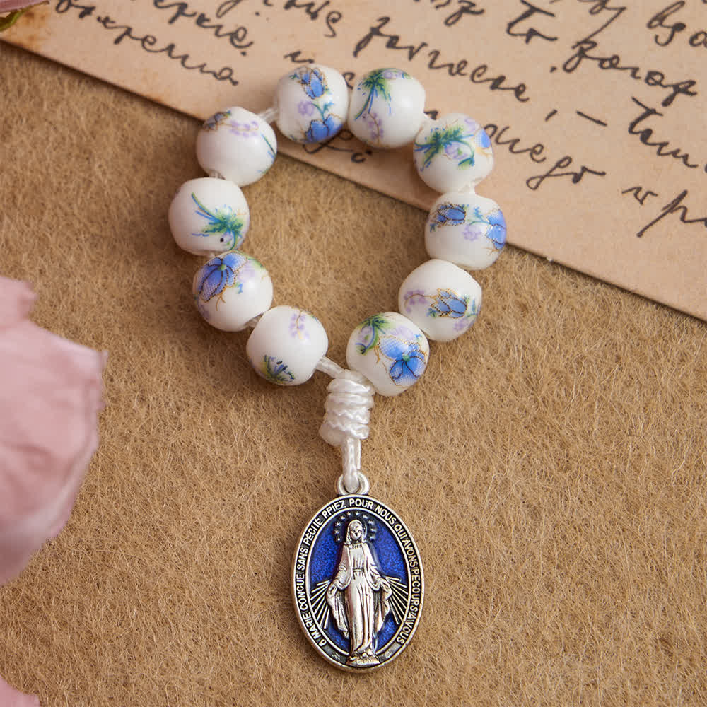 Christianartworkshop Chapelet de doigt en céramique à motif floral bleu avec dévotion à Notre-Dame - 10 pièces - image 0