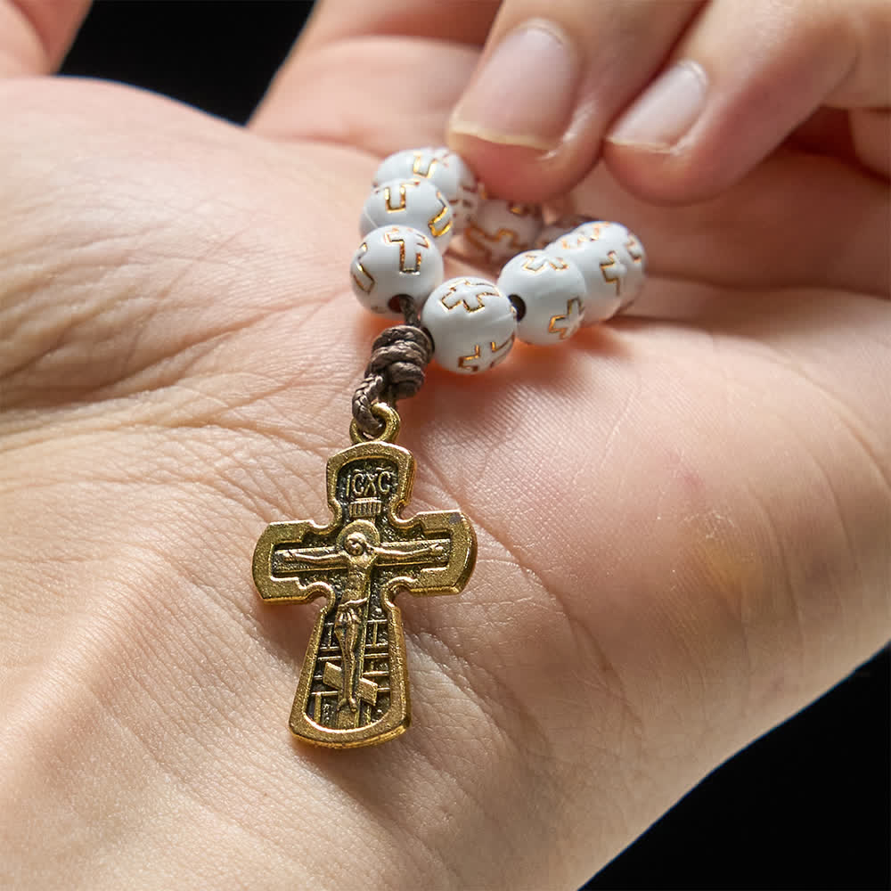 Christianartworkshop Chapelet à perles blanches avec croix dorée et crucifix orthodoxe - image 1