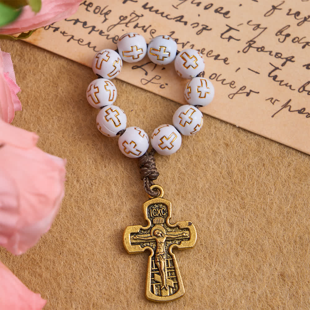 Christianartworkshop Chapelet à perles blanches avec croix dorée et crucifix orthodoxe - 10 pièces - image 0