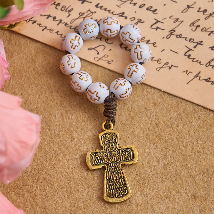 Christianartworkshop Chapelet à perles blanches avec croix dorée et crucifix orthodoxe - image 4