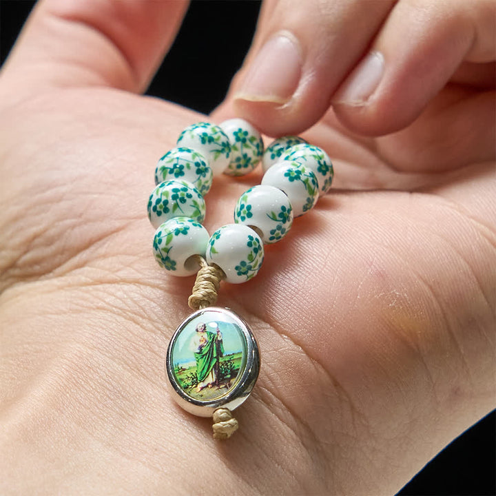Christianartworkshop Chapelet de doigt en céramique verte à motif floral avec médaille de saint Jude - image 1
