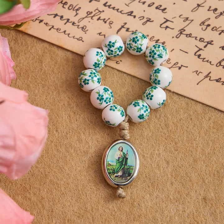 Christianartworkshop Chapelet de doigt en céramique verte à motif floral avec médaille de saint Jude - 10 pièces - image 0