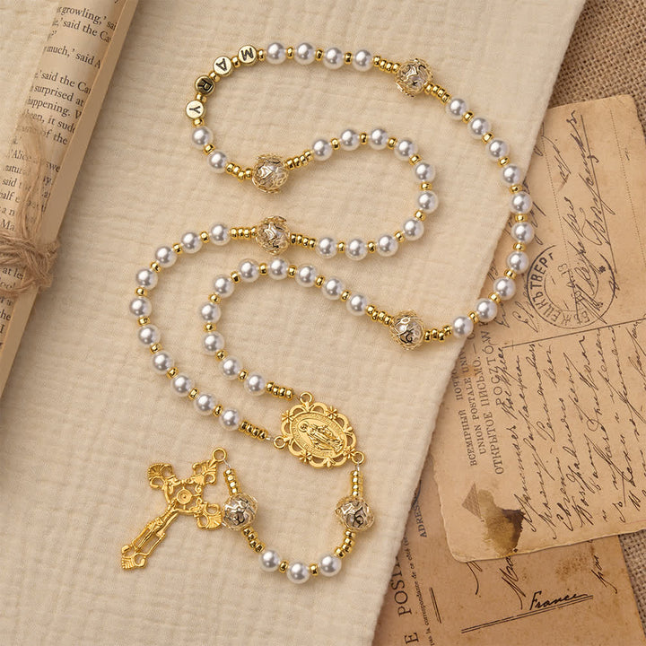 Christianartworkshop Chapelet élégant blanc de la Vierge Marie avec lettres personnalisées - image 3