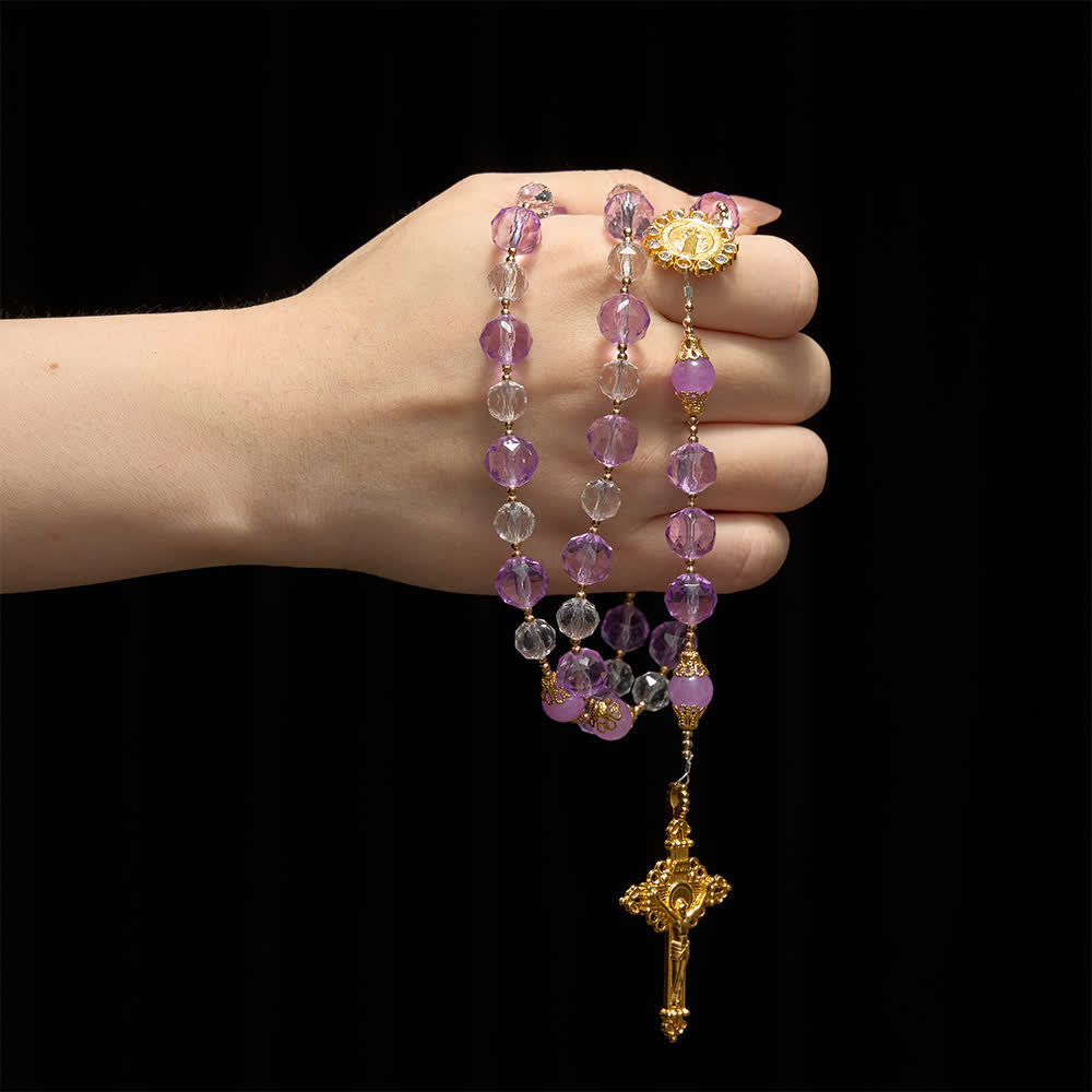 Christianartworkshop Chapelet violet à perles bicolores à facettes avec saint Benoît et crucifix - image 1