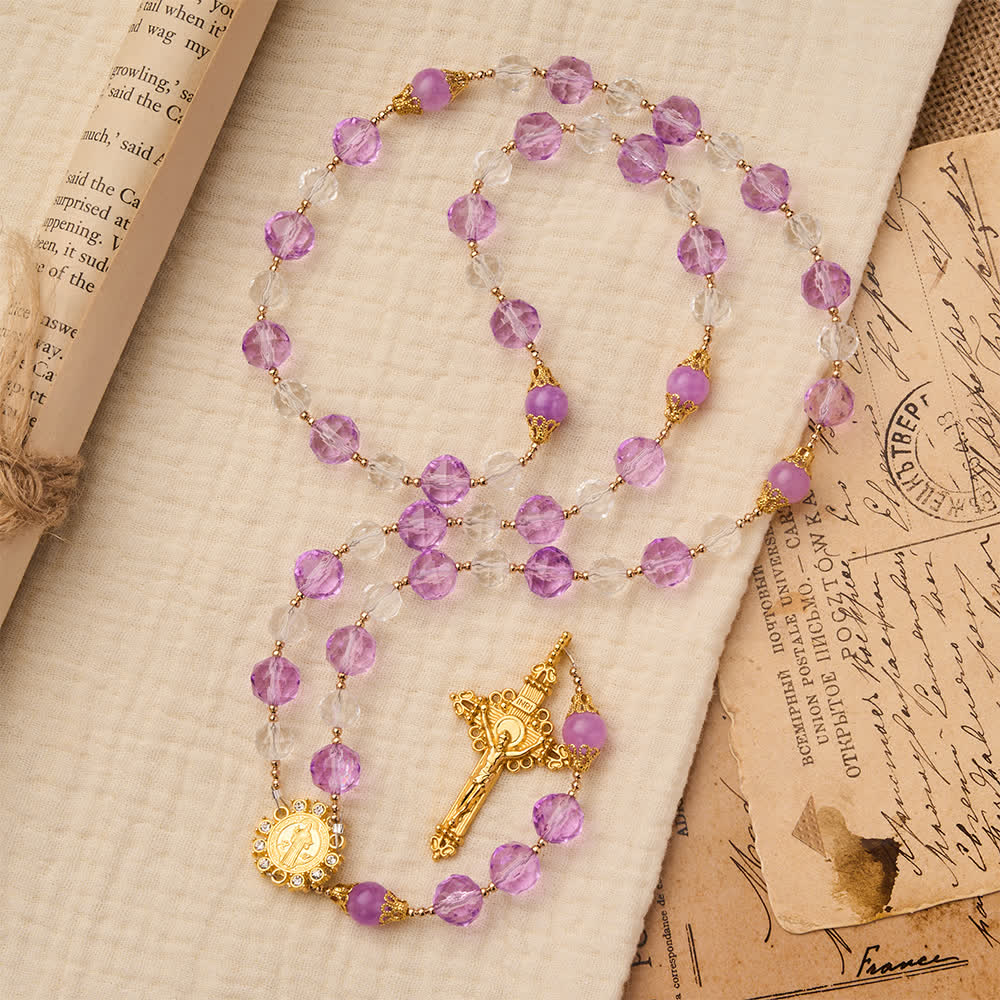 Christianartworkshop Chapelet violet à perles bicolores à facettes avec saint Benoît et crucifix - Saint Benoît et le Crucifix - image 0