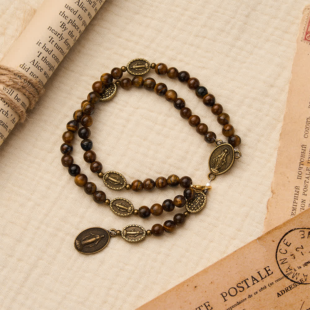 Christianartworkshop Bracelet chapelet vintage en bronze et œil de tigre avec médaille miraculeuse - Tour de poignet : 15-25 cm - image 0