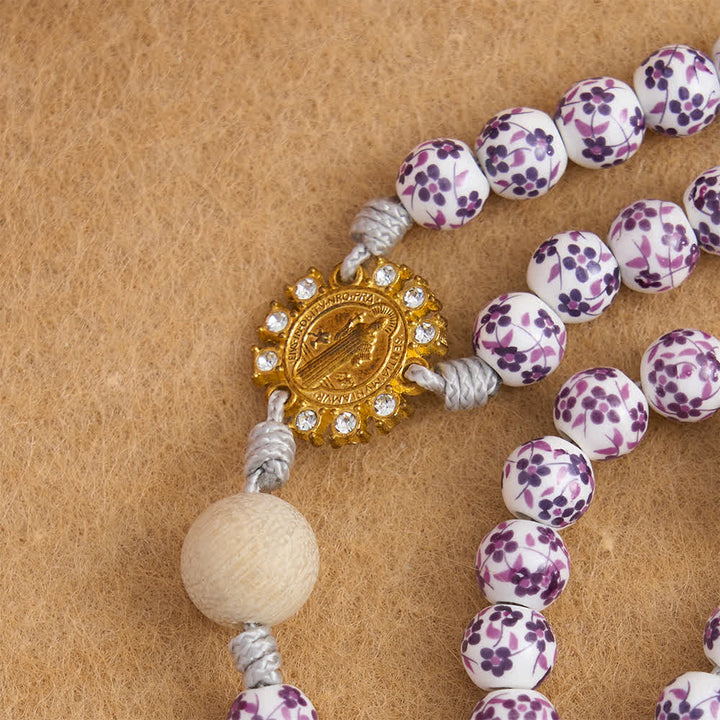 Christianartworkshop Chapelet en céramique à motif floral violet et en bois de camphre avec saint Benoît et calice IHS - image 5