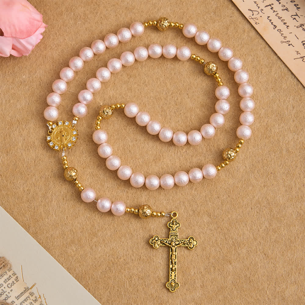 Christianartworkshop Chapelet vintage rose et doré froissé avec médaille de saint Benoît - Saint Benoît et le Crucifix - image 0