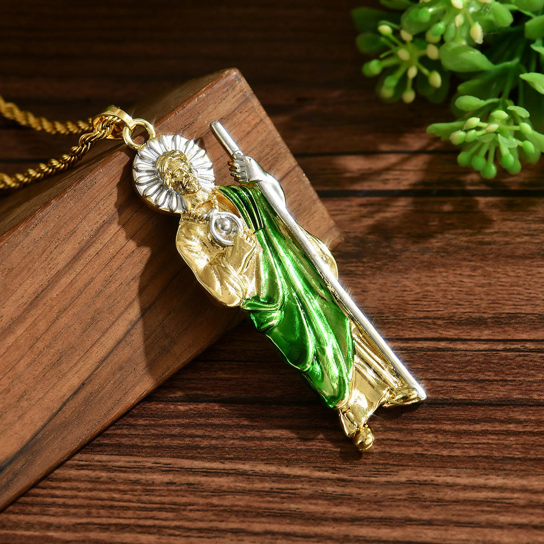 Christianartworkshop Collier pendentif Saint Jude en quatre tailles avec robe vert éclatant : symbole d’espoir et de protection divine - image 2