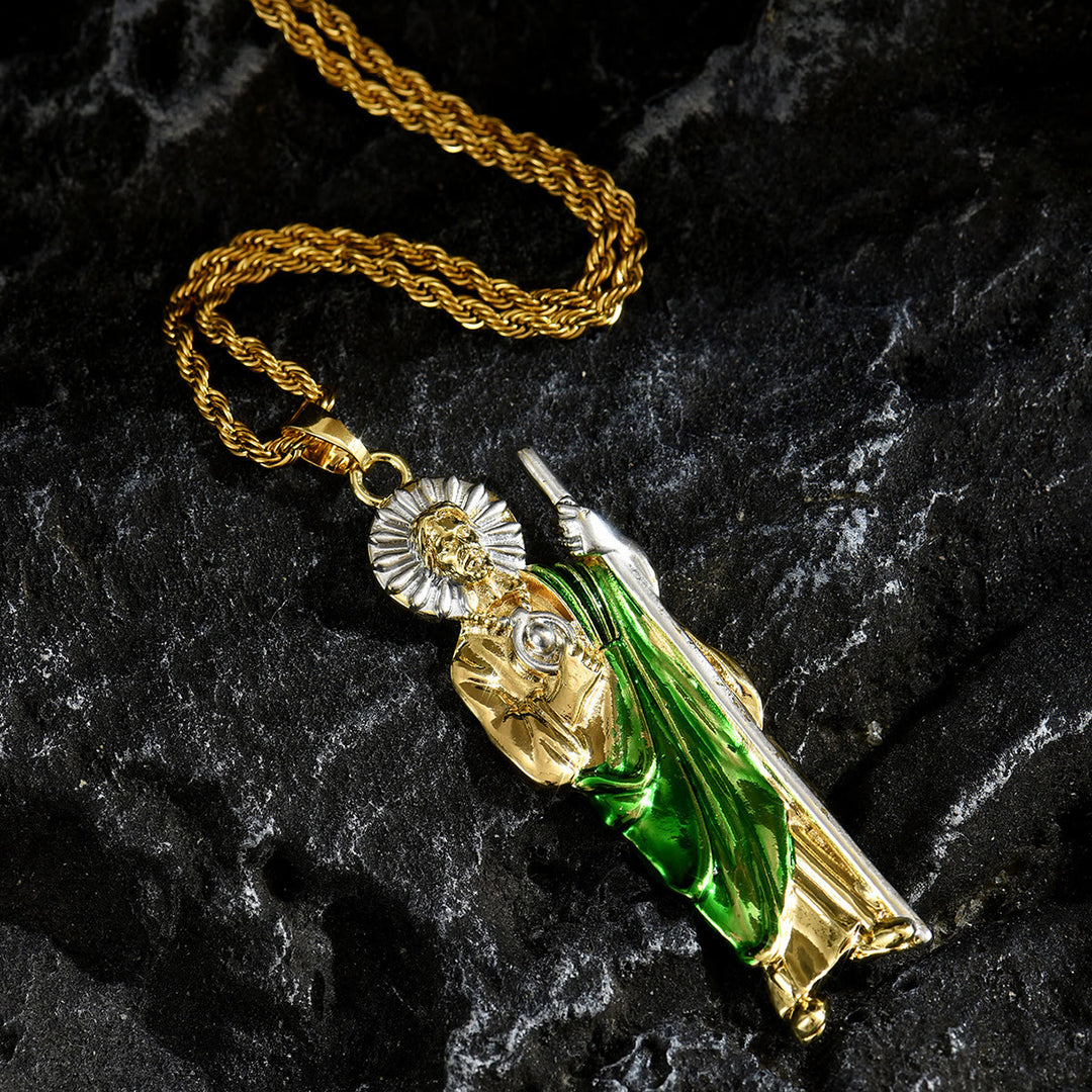 Christianartworkshop Collier pendentif Saint Jude en quatre tailles avec robe vert éclatant : symbole d’espoir et de protection divine - image 1