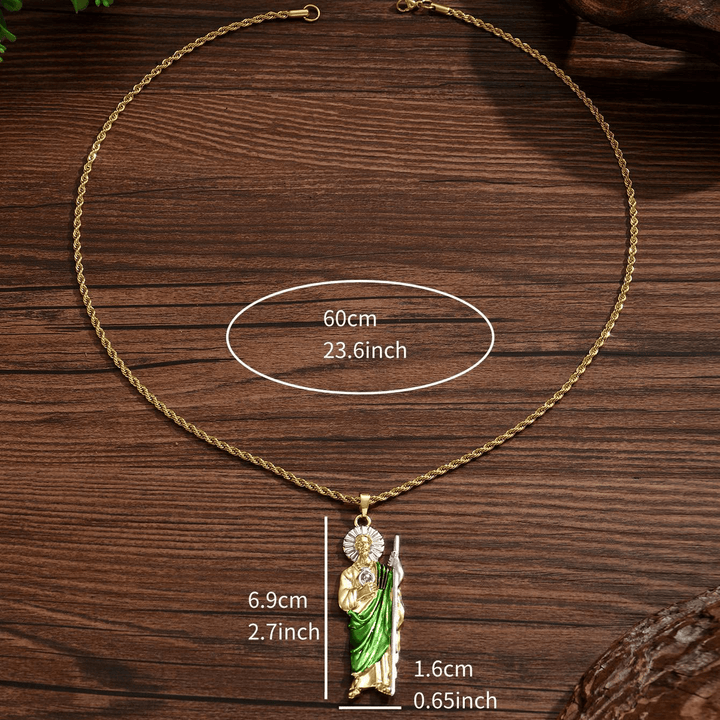 Christianartworkshop Collier pendentif Saint Jude en quatre tailles avec robe vert éclatant : symbole d’espoir et de protection divine - Très grand - image 3