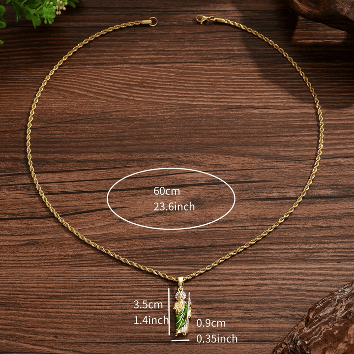 Christianartworkshop Collier pendentif Saint Jude en quatre tailles avec robe vert éclatant : symbole d’espoir et de protection divine - Moyen - image 5