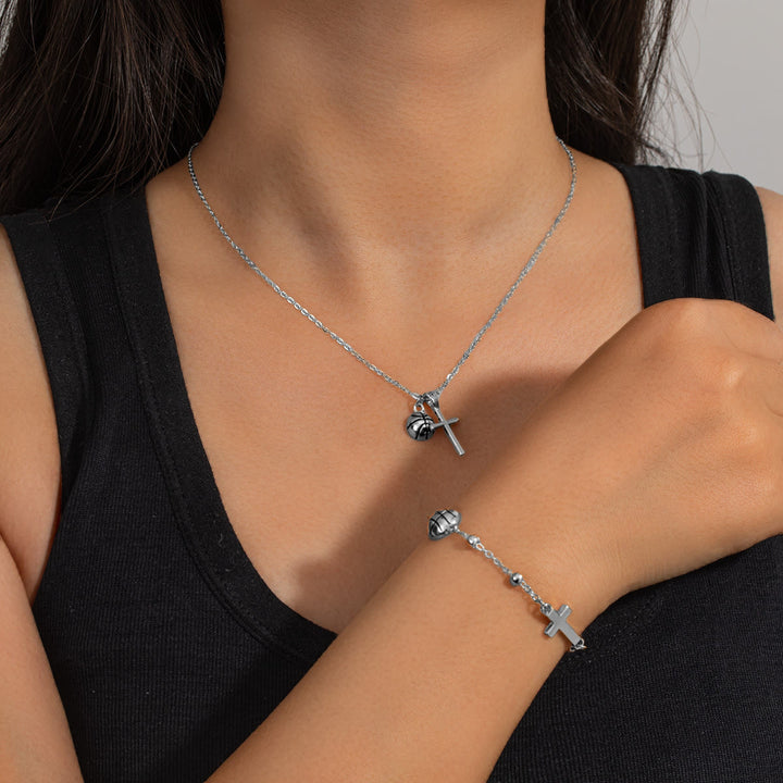 Christianartworkshop Ensemble de bijoux Ballon de sport et Croix (collier + bracelet) avec carte : Un symbole de foi et de passion sportive - Basket-ball argent B - image 9