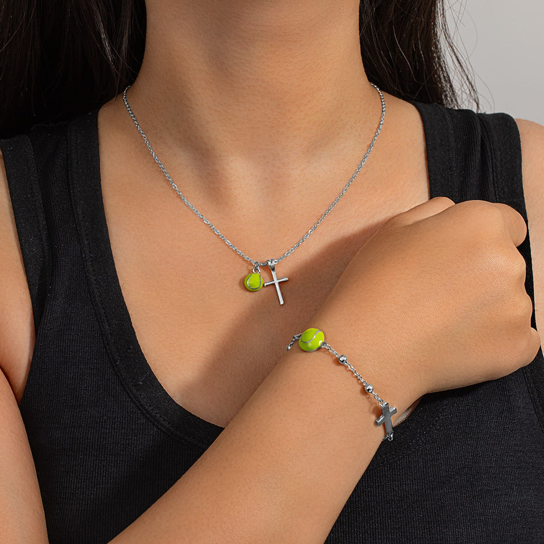 Christianartworkshop Ensemble de bijoux Ballon de sport et Croix (collier + bracelet) avec carte : Un symbole de foi et de passion sportive - Tennis Argent B - image 23