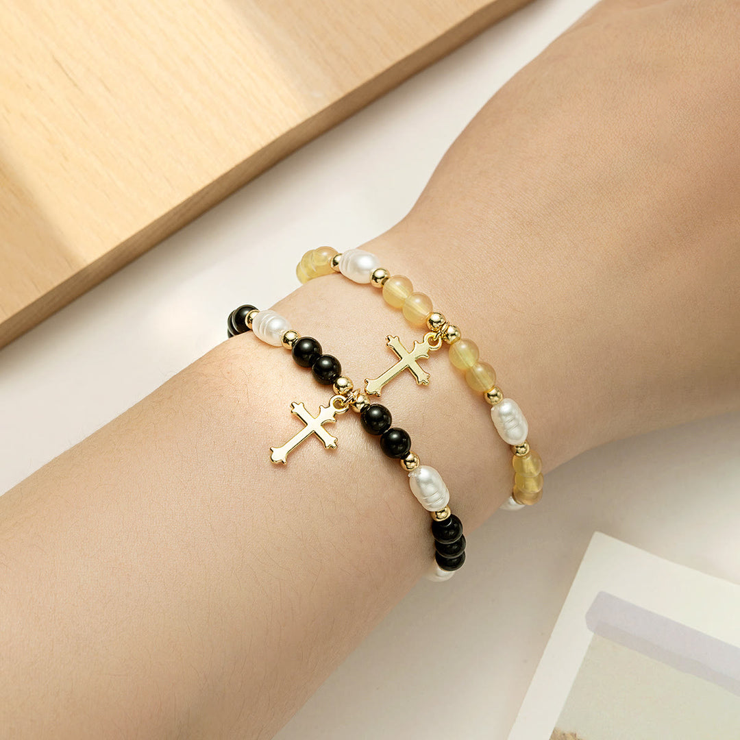 Christianartworkshop Duo de bracelets croix à perles empilables : un emblème de foi inébranlable et de beauté polyvalente - Jaune et noir - image 7