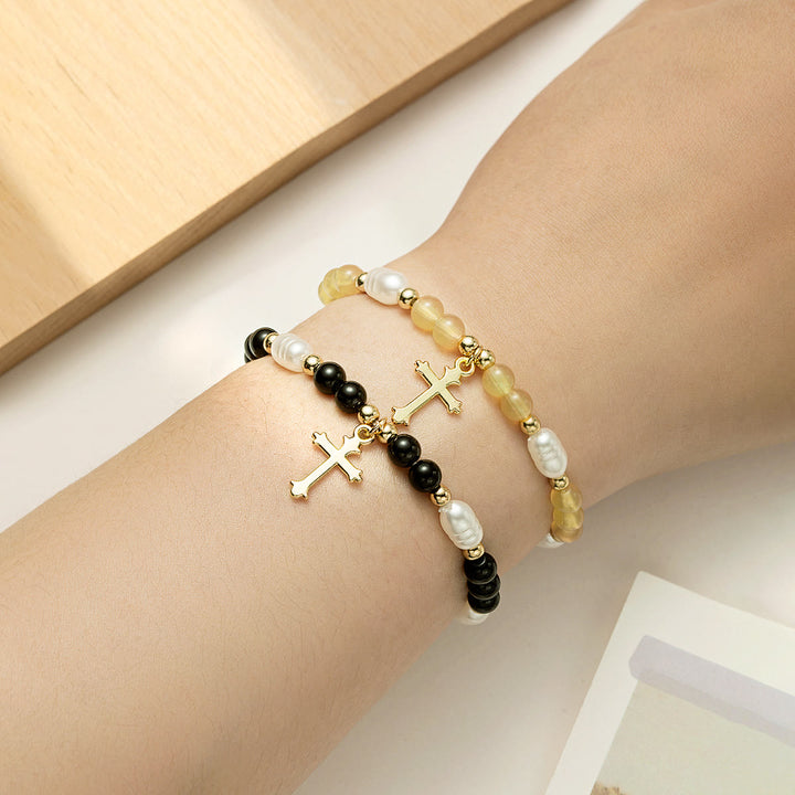 Christianartworkshop Duo de bracelets croix à perles empilables : un emblème de foi inébranlable et de beauté polyvalente - Jaune et noir - image 7